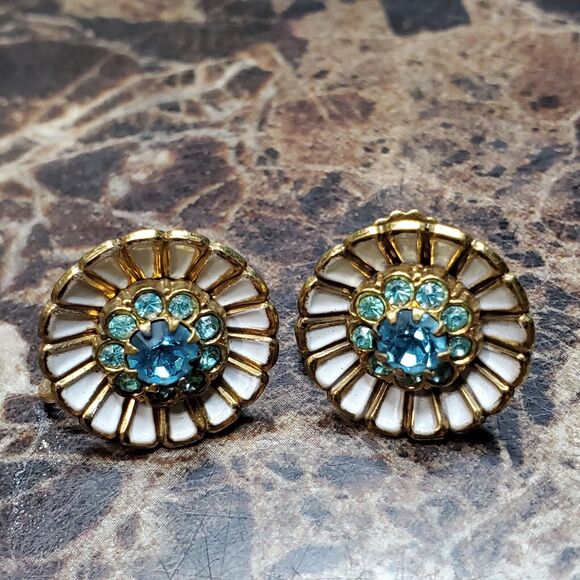 CORO Aqua Rhinestone Screw Back Earrings - Picture 4 of 8